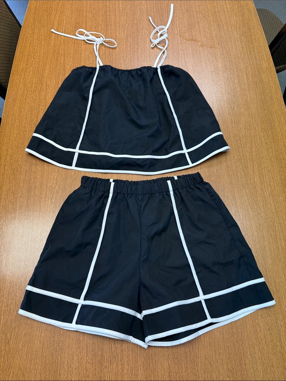 Boutique Black Two-Piece Tank and Shorts Set with White Piping